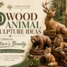 A collection of detailed, handcrafted wooden animal sculptures including a deer, owl, bear, wolf, fox, and eagle displayed outdoors. On the left side, bold text reads "10 Wood Animal Sculpture Ideas That Celebrate Nature's Beauty" with a logo for "Timber Bloom" and subtext reading "Wildlife Art With Soul" and "Discover handcrafted wildlife sculptures inspired by nature's beauty."