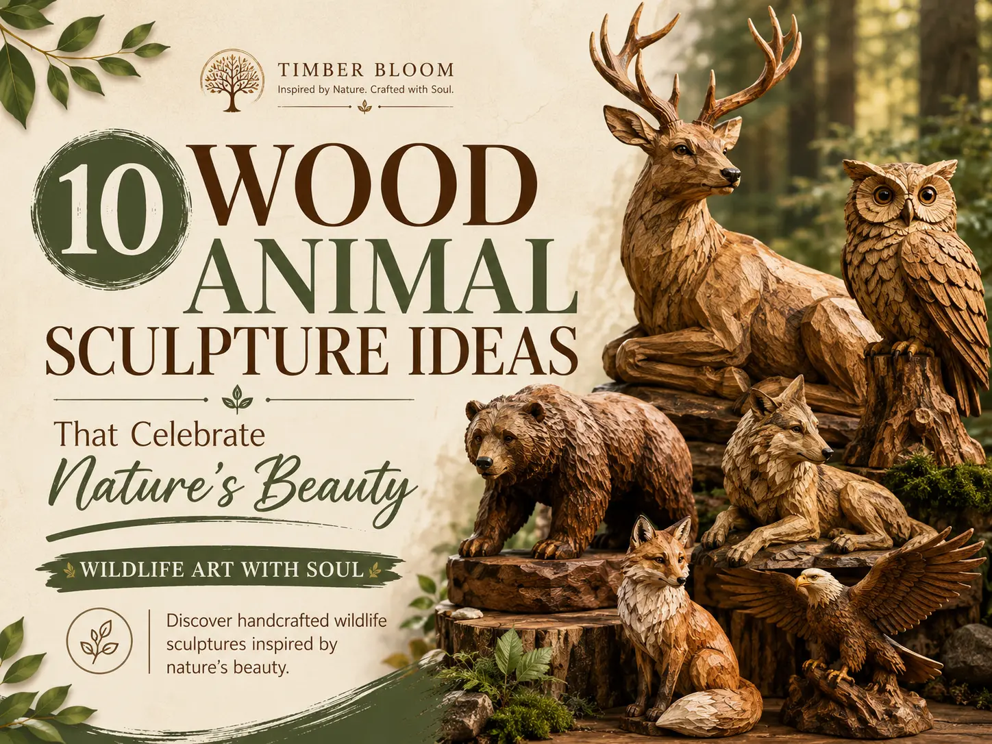 A collection of detailed, handcrafted wooden animal sculptures including a deer, owl, bear, wolf, fox, and eagle displayed outdoors. On the left side, bold text reads "10 Wood Animal Sculpture Ideas That Celebrate Nature's Beauty" with a logo for "Timber Bloom" and subtext reading "Wildlife Art With Soul" and "Discover handcrafted wildlife sculptures inspired by nature's beauty."
