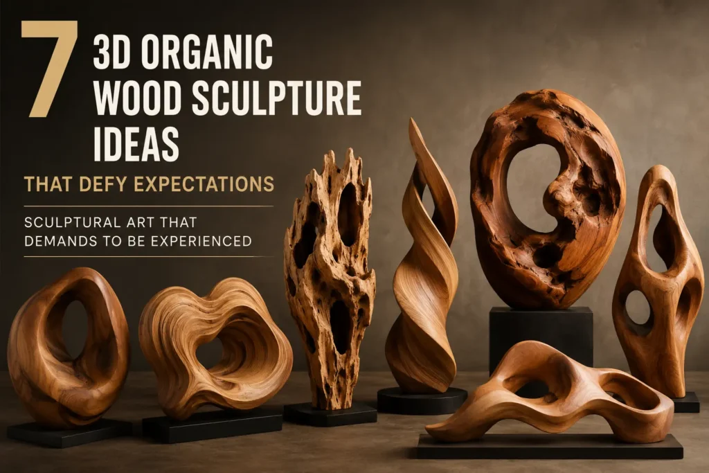 A horizontal banner titled "7 3D Organic Wood Sculpture Ideas That Defy Expectations." The image displays seven diverse abstract wooden sculptures on black bases against a dark grey wall. The sculptures feature flowing organic shapes, including twisted flame-like pillars, a porous, weather-worn piece with natural voids, smooth rings, and hollowed-out biomorphic forms that showcase rich grain patterns. Text reads: "Sculptural Art That Demands to Be Experienced."