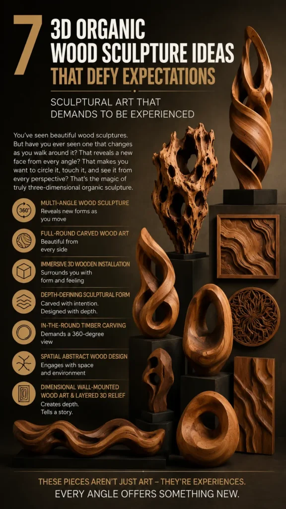 An infographic poster for "7 3D Organic Wood Sculpture Ideas That Defy Expectations – Sculptural Art That Demands to Be Experienced.webp". The right side displays various wood sculptures on black pedestals, including a towering spiral column, a porous textured carving, fluid hollow shapes, and wavy relief panels. The left side features text detailing seven concepts for 3D organic wood art, such as full-round carving and spatial design.