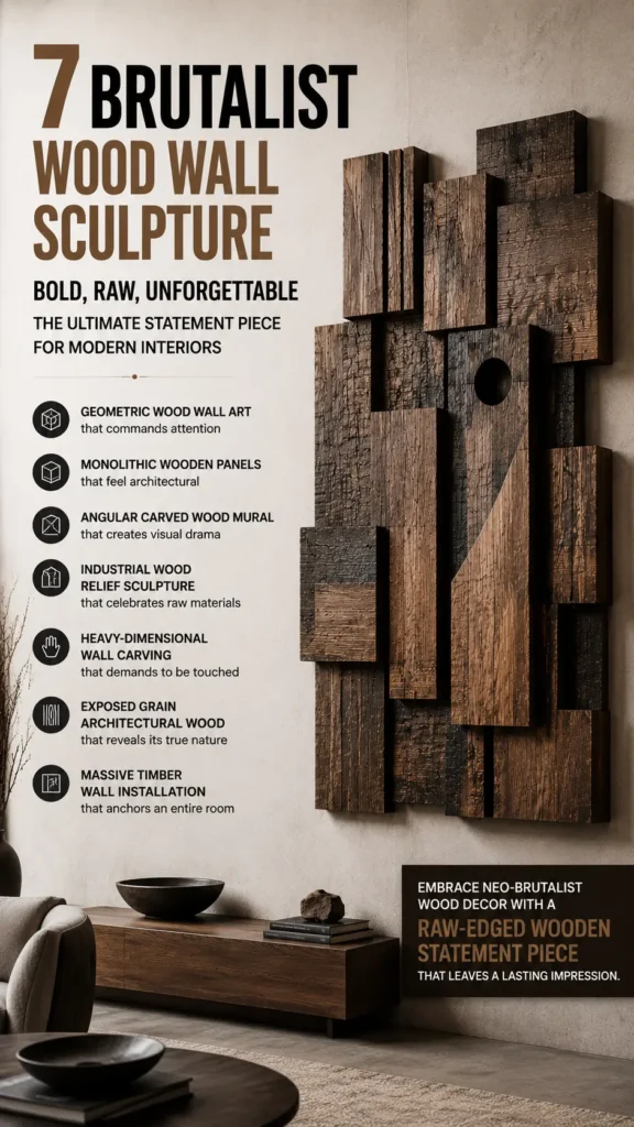 A large, textured Brutalist wood wall sculpture made of chunky, interlocking blocks in dark brown and black charring on a concrete wall. Text on the left reads: "7 Brutalist Wood Wall Sculpture. Bold, Raw, Unforgettable — The Ultimate Statement Piece for Modern Interiors." Below, a wooden credenza holds minimal decor next to a light grey sofa and large window with bare branches.