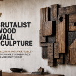 A horizontal banner showcasing a textured Brutalist wood wall sculpture made of heavy, interlocking dark blocks and charred timber mounted on a concrete wall. To the left, large text reads: "7 Brutalist Wood Wall Sculpture. Bold, Raw, Unforgettable – The Ultimate Statement Piece for Modern Interiors." Below the artwork sits a modern wooden credenza displaying a black bowl and books. Part of a neutral armchair and a large window with bare branches are visible on the far left.