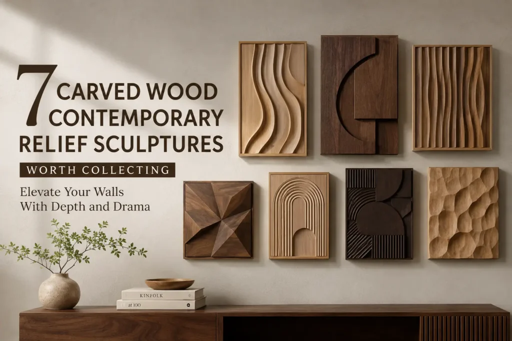 A collection of seven contemporary carved wood relief sculptures displayed on a neutral wall above a wooden console table. The artwork features diverse geometric, wavy, and textured abstract designs in varying shades of light and dark natural wood. Text on the left reads, "7 CARVED WOOD CONTEMPORARY RELIEF SCULPTURES WORTH COLLECTING. Elevate Your Walls With Depth and Drama." Styling details include a small potted plant, a wooden bowl, and art books on the console.