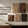 A collection of seven contemporary carved wood relief sculptures displayed on a neutral wall above a wooden console table. The artwork features diverse geometric, wavy, and textured abstract designs in varying shades of light and dark natural wood. Text on the left reads, "7 CARVED WOOD CONTEMPORARY RELIEF SCULPTURES WORTH COLLECTING. Elevate Your Walls With Depth and Drama." Styling details include a small potted plant, a wooden bowl, and art books on the console.