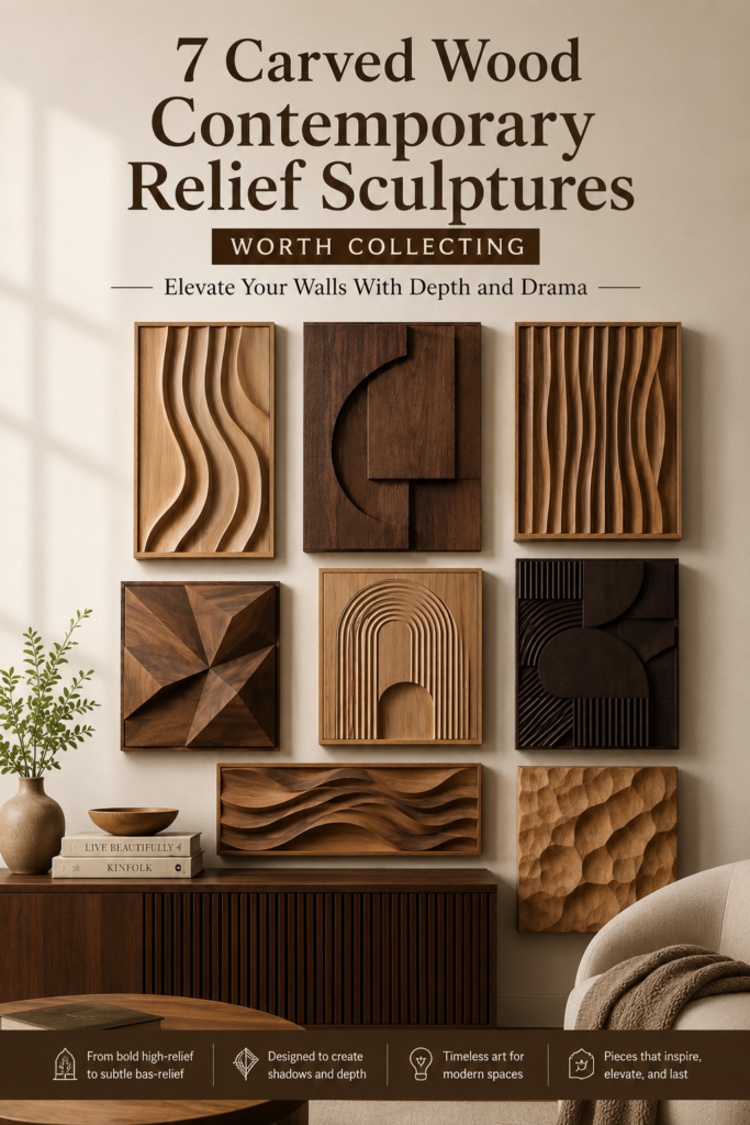 An infographic about modern wall decor titled "7 Carved Wood Contemporary Relief Sculptures Worth Collecting." The poster displays a gallery wall arrangement of seven unique abstract wooden plaques featuring geometric shapes, organic waves, arched niches, and rippled textures in diverse wood grains. The art pieces hang above a dark wood console table styled with art books and a vase. A footer section includes four illustrative icons highlighting features like high-relief, shadows, and modern spaces.