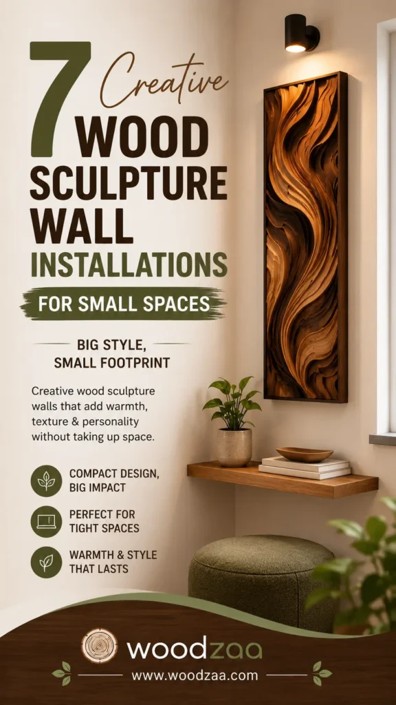 A Pinterest pin titled "7 Creative Wood Sculpture Wall Installations for Small Spaces." The top showcases a cozy room corner with a wavy carved wood wall panel under a sconce light, floating shelf, and wooden chair. Below are 7 numbered examples of small-space wood wall art, including circular tree motifs, vertical designs, geometric hexagons, shelves, and textured blocks. Features the logo for woodzaa and website www.woodzaa.com at the bottom.