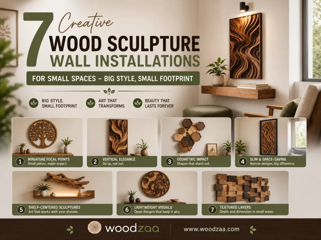 A horizontal Pinterest infographic titled "7 Creative Wood Sculpture Wall Installations for Small Spaces." The top-right shows a modern nook with a carved wavy wood panel art piece. Below are seven numbered design ideas: round tree sculpture, vertical wave panel, geometric hexagonal art, slim framed panel, shelf sculpture, round organic relief, and textured wood blocks. The woodzaa logo and website www.woodzaa.com are at the bottom.