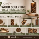 A horizontal Pinterest infographic titled "7 Creative Wood Sculpture Wall Installations for Small Spaces." The top-right shows a modern nook with a carved wavy wood panel art piece. Below are seven numbered design ideas: round tree sculpture, vertical wave panel, geometric hexagonal art, slim framed panel, shelf sculpture, round organic relief, and textured wood blocks. The woodzaa logo and website www.woodzaa.com are at the bottom.