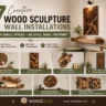 A horizontal Pinterest infographic titled "7 Creative Wood Sculpture Wall Installations for Small Spaces." The top-right shows a modern nook with a carved wavy wood panel art piece. Below are seven numbered design ideas: round tree sculpture, vertical wave panel, geometric hexagonal art, slim framed panel, shelf sculpture, round organic relief, and textured wood blocks. The woodzaa logo and website www.woodzaa.com are at the bottom.