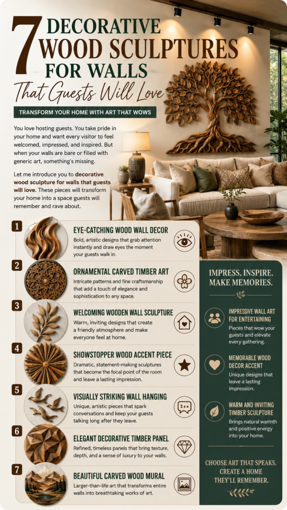 Vertical Pinterest infographic titled "7 Decorative Wood Sculptures for Walls That Guests Will Love." Top photo shows a living room with a large carved Tree of Life sculpture. Below, a numbered list highlights 7 styles: 1) Eye-Catching, 2) Ornamental Carved, 3) Welcoming, 4) Showstopper, 5) Visually Striking (birds), 6) Elegant Geometric Panel, and 7) Carved Mountain Mural. Side section features "Impress. Inspire. Make Memories." and "Choose art that speaks."