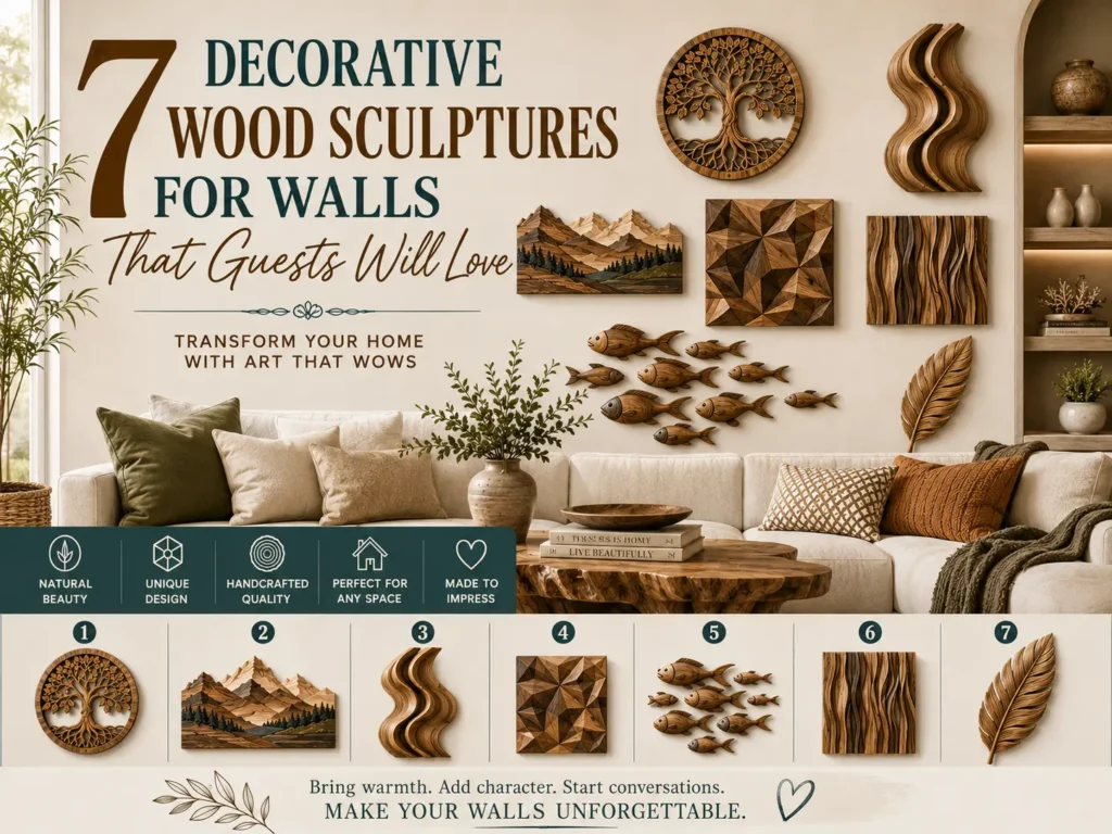 Pinterest graphic titled "7 Decorative Wood Sculptures for Walls That Guests Will Love." Features a modern living room display of wooden wall art: 1) circular Tree of Life, 2) carved mountain landscape, 3) abstract wave motif, 4) geometric 3D panel, 5) school of carved fish, 6) textured grooved square, and 7) detailed feather sculpture. Below, key highlights note handcrafted quality and natural beauty, with text at the bottom reading, "Bring warmth. Add character. Start conversations."