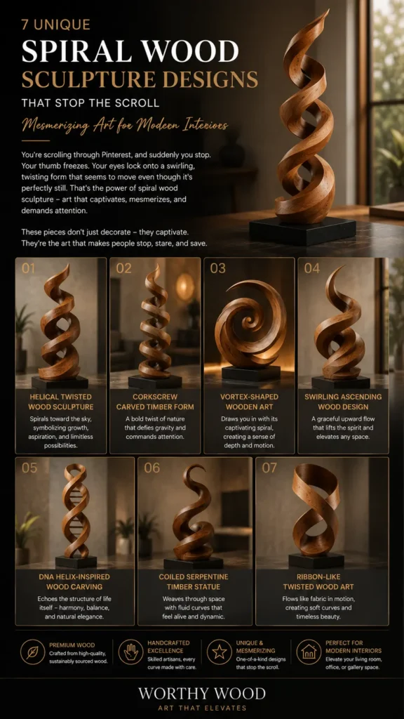 An infographic titled "7 Unique Spiral Wood Sculpture Designs." It features seven numbered photos of elegant, modern wooden sculptures with a rich grain finish on black bases. The designs include helical twists, a DNA helix, a vortex shape, and ribbon-like forms. Text descriptions highlight the fluid movement and craftsmanship of each piece, with the "Worthy Wood" logo at the bottom.
