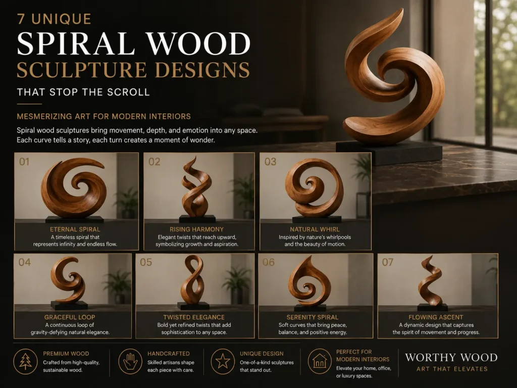 An infographic titled "7 Unique Spiral Wood Sculpture Designs That Stop the Scroll" by Worthy Wood. The top displays a large, swirling wooden sculpture with a warm grain finish on a black block. Below, seven numbered grids showcase different abstract wood carvings on pedestals, labeled Eternal Spiral, Rising Harmony, Natural Whirl, Graceful Loop, Twisted Elegance, Serenity Spiral, and Flowing Ascent. Icons at the bottom highlight handcrafted quality, premium wood, and modern interior spaces.