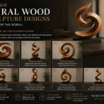 An infographic titled "7 Unique Spiral Wood Sculpture Designs That Stop the Scroll" by Worthy Wood. The top displays a large, swirling wooden sculpture with a warm grain finish on a black block. Below, seven numbered grids showcase different abstract wood carvings on pedestals, labeled Eternal Spiral, Rising Harmony, Natural Whirl, Graceful Loop, Twisted Elegance, Serenity Spiral, and Flowing Ascent. Icons at the bottom highlight handcrafted quality, premium wood, and modern interior spaces.