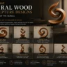 An infographic titled "7 Unique Spiral Wood Sculpture Designs That Stop the Scroll" by Worthy Wood. The top displays a large, swirling wooden sculpture with a warm grain finish on a black block. Below, seven numbered grids showcase different abstract wood carvings on pedestals, labeled Eternal Spiral, Rising Harmony, Natural Whirl, Graceful Loop, Twisted Elegance, Serenity Spiral, and Flowing Ascent. Icons at the bottom highlight handcrafted quality, premium wood, and modern interior spaces.