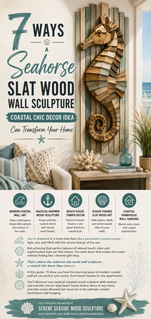 7 Ways a Seahorse Slat Wood Wall Sculpture Can Transform Your Home" by Woodzaa. Features a 3D wooden seahorse sculpture mounted on distressed blue and white wood slats in a coastal living room with neutral pillows, a conch shell, and a seaside view. A lower section numbered 1 to 7 lists benefits: Bring the Ocean Home, Stunning Focal Point, Natural Texture & Warmth, Elevates Any Interior Style, Crafted with Care, Sustainable & Timeless, and Transforms Your Space.