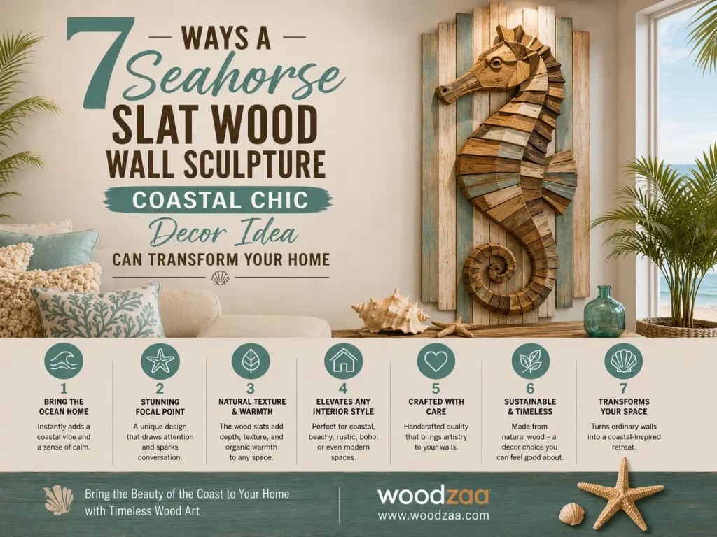 7 Ways a Seahorse Slat Wood Wall Sculpture Can Transform Your Home" by Woodzaa. Features a 3D wooden seahorse sculpture mounted on distressed blue and white wood slats in a coastal living room next to a ocean-view window. Below, seven numbered icons list benefits: Bring the Ocean Home, Stunning Focal Point, Natural Texture & Warmth, Elevates Any Interior Style, Crafted with Care, Sustainable & Timeless, and Transforms Your Space.