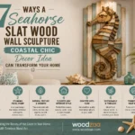 7 Ways a Seahorse Slat Wood Wall Sculpture Can Transform Your Home" by Woodzaa. Features a 3D wooden seahorse sculpture mounted on distressed blue and white wood slats in a coastal living room next to a ocean-view window. Below, seven numbered icons list benefits: Bring the Ocean Home, Stunning Focal Point, Natural Texture & Warmth, Elevates Any Interior Style, Crafted with Care, Sustainable & Timeless, and Transforms Your Space.