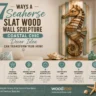 7 Ways a Seahorse Slat Wood Wall Sculpture Can Transform Your Home" by Woodzaa. Features a 3D wooden seahorse sculpture mounted on distressed blue and white wood slats in a coastal living room next to a ocean-view window. Below, seven numbered icons list benefits: Bring the Ocean Home, Stunning Focal Point, Natural Texture & Warmth, Elevates Any Interior Style, Crafted with Care, Sustainable & Timeless, and Transforms Your Space.