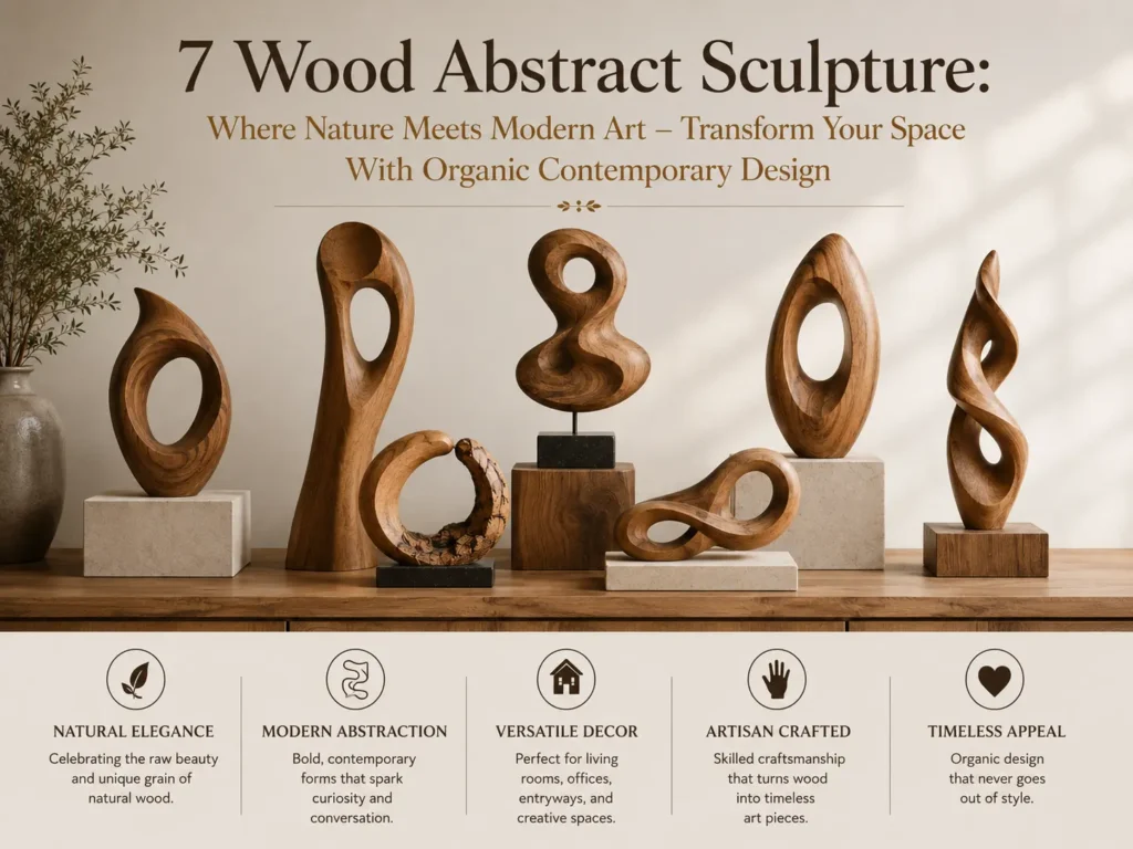 An infographic titled "7 Wood Abstract Sculpture: Where Nature Meets Modern Art – Transform Your Space With Organic Contemporary Design." The center showcases seven distinct, smooth wooden sculptures with flowing curves, loops, and cutouts displayed on small stone and wooden blocks. The bottom features five icons with text columns highlighting the benefits: Natural Elegance, Modern Abstraction, Versatile Decor, Artisan Crafted, and Timeless Appeal.