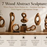 An infographic titled "7 Wood Abstract Sculpture: Where Nature Meets Modern Art – Transform Your Space With Organic Contemporary Design." The center showcases seven distinct, smooth wooden sculptures with flowing curves, loops, and cutouts displayed on small stone and wooden blocks. The bottom features five icons with text columns highlighting the benefits: Natural Elegance, Modern Abstraction, Versatile Decor, Artisan Crafted, and Timeless Appeal.
