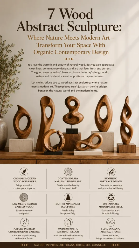 An infographic titled "7 Wood Abstract Sculpture: Where Nature Meets Modern Art – Transform Your Space With Organic Contemporary Design." The center displays seven unique, smooth wooden sculptures featuring flowing curves, loops, and cutouts arranged on small stone and wooden block bases. The bottom contains five distinct icons and text sections highlighting key features: Natural Elegance, Modern Abstraction, Versatile Decor, Artisan Crafted, and Timeless Appeal.