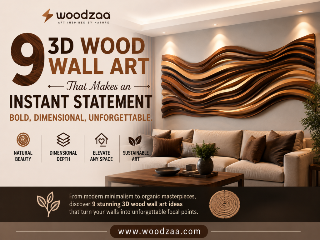 Horizontal Pinterest graphic by Woodzaa titled "9 3D Wood Wall Art That Makes an Instant Statement." The main visual shows a warm, modern living room with a large, wave-like 3D wood sculpture of layered, flowing organic shapes mounted above a cream sofa. Four icons highlight Natural Beauty, Dimensional Depth, Elevate Any Space, and Sustainable Art. Perfect for luxury, modern, and organic interior design.