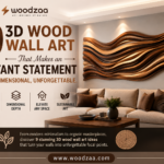 Horizontal Pinterest graphic by Woodzaa titled "9 3D Wood Wall Art That Makes an Instant Statement." The main visual shows a warm, modern living room with a large, wave-like 3D wood sculpture of layered, flowing organic shapes mounted above a cream sofa. Four icons highlight Natural Beauty, Dimensional Depth, Elevate Any Space, and Sustainable Art. Perfect for luxury, modern, and organic interior design.