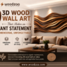 Horizontal Pinterest graphic by Woodzaa titled "9 3D Wood Wall Art That Makes an Instant Statement." The main visual shows a warm, modern living room with a large, wave-like 3D wood sculpture of layered, flowing organic shapes mounted above a cream sofa. Four icons highlight Natural Beauty, Dimensional Depth, Elevate Any Space, and Sustainable Art. Perfect for luxury, modern, and organic interior design.