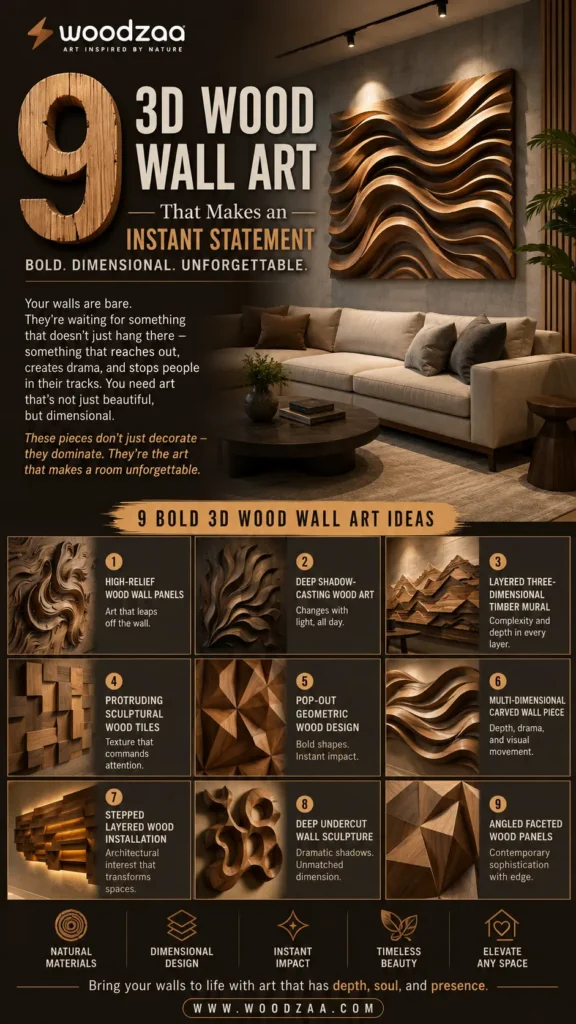 Infographic by Woodzaa showcasing "9 3D Wood Wall Art Ideas" for modern home decor. The top features a cozy living room with a large, wavy, three-dimensional wooden art piece mounted above a cream sofa. Below, a grid of nine numbered close-up images displays diverse, textured wooden designs, including high-relief panels, geometric patterns, layered timber murals, and angled faceted wood panels. Emphasizes modern, dimensional, and luxury interior design.