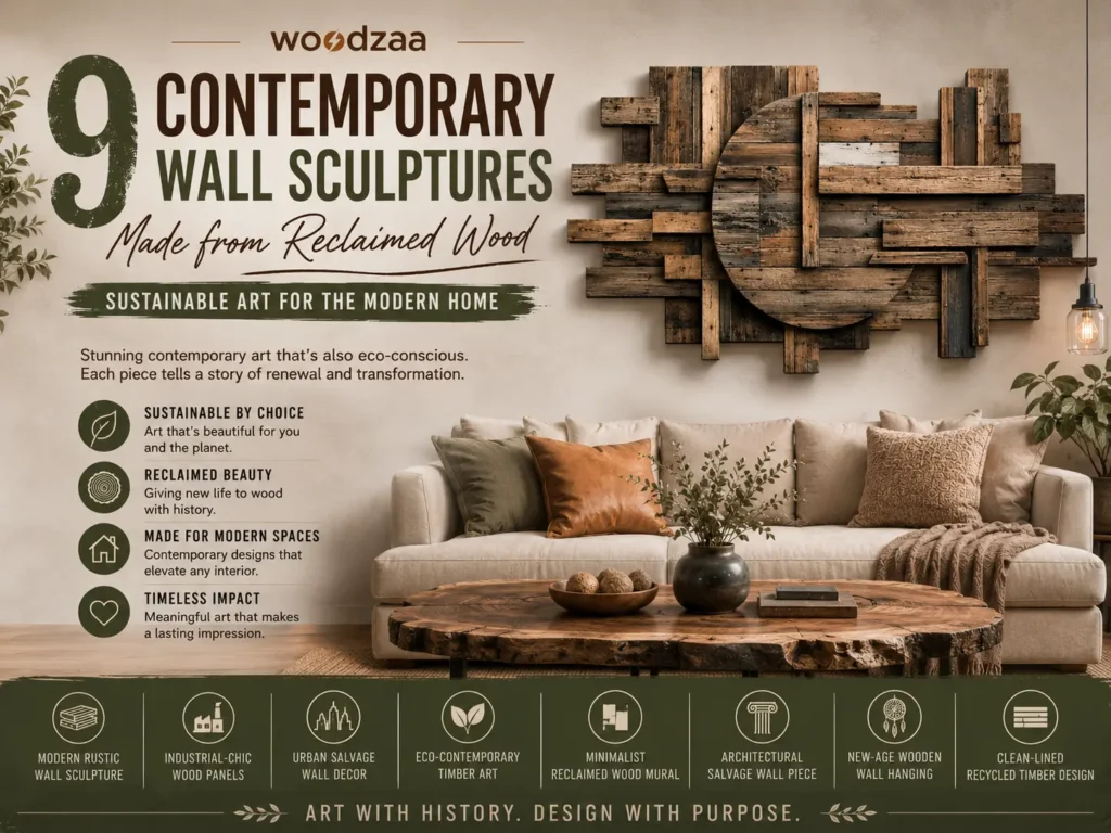 A horizontal Pinterest graphic titled "9 Contemporary Wall Sculptures Made from Reclaimed Wood: Sustainable Art for the Modern Home" by Woodzaa. The right side features a textured, geometric wall sculpture made of layered rustic wood planks with a large central circle design, hung above a beige sofa. On the left, bullet points highlight value pillars like Sustainable by Choice and Reclaimed Beauty. The bottom green banner lists design styles, including Modern Rustic and Industrial-Chic.