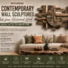 A horizontal Pinterest graphic titled "9 Contemporary Wall Sculptures Made from Reclaimed Wood: Sustainable Art for the Modern Home" by Woodzaa. The right side features a textured, geometric wall sculpture made of layered rustic wood planks with a large central circle design, hung above a beige sofa. On the left, bullet points highlight value pillars like Sustainable by Choice and Reclaimed Beauty. The bottom green banner lists design styles, including Modern Rustic and Industrial-Chic.