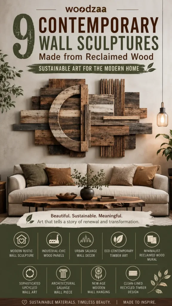 A Pinterest graphic titled "9 Contemporary Wall Sculptures Made from Reclaimed Wood." The center features a large, abstract geometric wall sculpture made of varied wooden slats and a prominent half-circle cutout, mounted above a modern cream sofa with earth-toned pillows. Below the living room scene, a green infographic section details nine styles of sustainable timber art, including modern rustic, industrial-chic, eco-contemporary, and minimalist reclaimed wood murals.