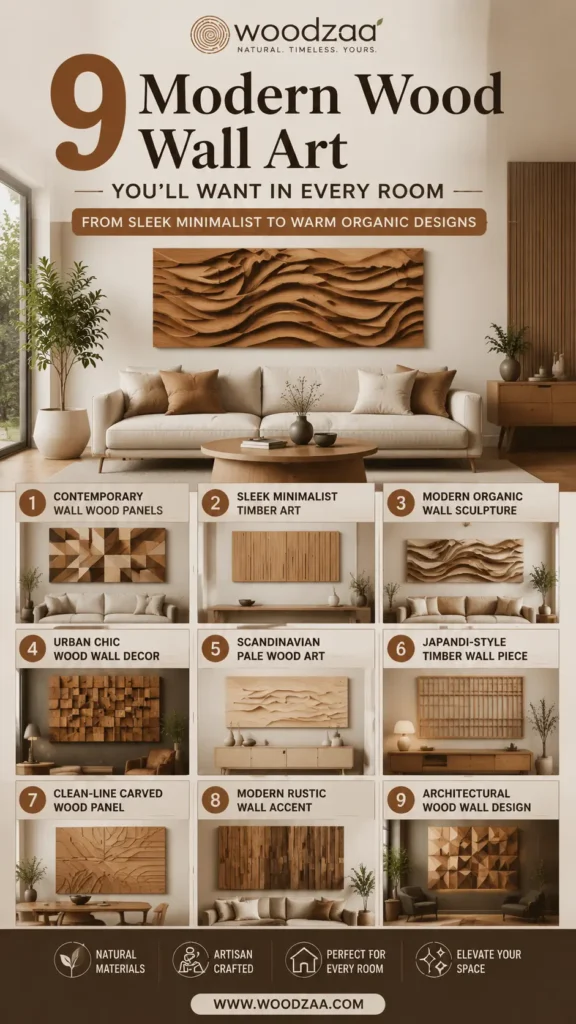 Woodzaa graphic showcasing 9 modern wood wall art styles for home decor. The top features a wavy, textured wood sculpture above a cream sofa. Below, a grid numbers 9 distinct styles including Contemporary Panels, Sleek Minimalist, Modern Organic, Urban Chic, Scandinavian Pale, Japandi-Style, Clean-Line Carved, Modern Rustic, and Architectural designs. Includes icons for natural materials and artisan-crafted decor, with the URL www.woodzaa.com.