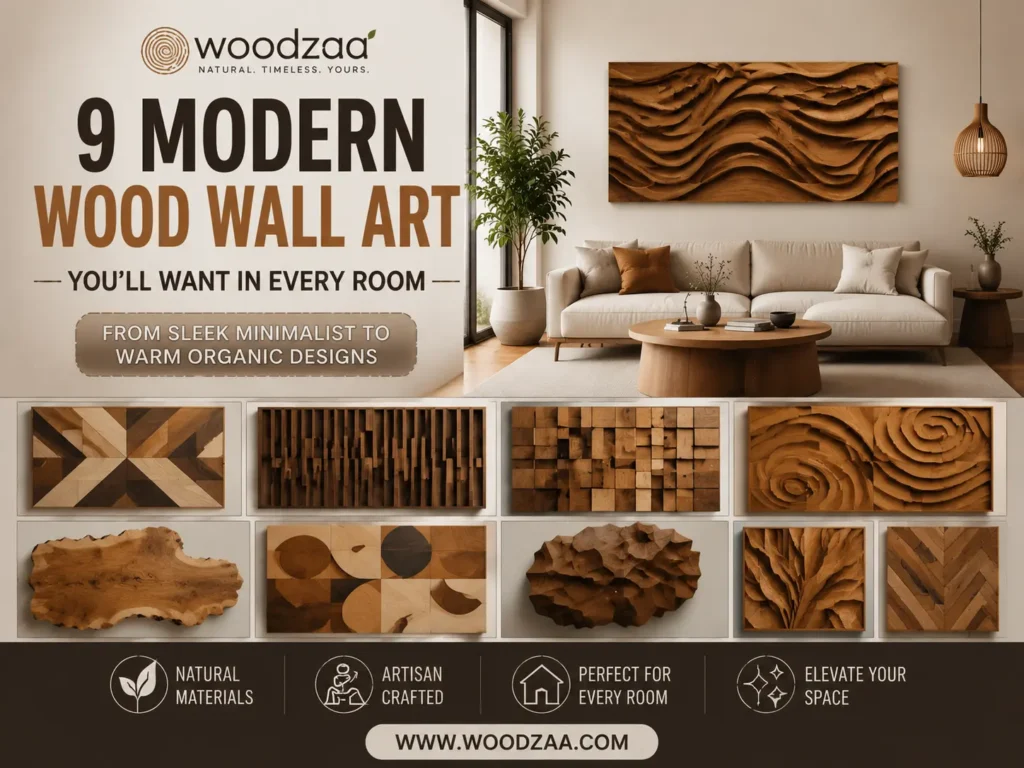 A Pinterest ad from Woodzaa showcases an image, 9 Modern Wood Wall Art You'll Want in Every Room1.webp, featuring a modern living room with a large wavy wood piece. Below it, eight square tiles display various other wood wall art styles like geometric, abstract block, live edge, spiral, faceted, and leaf-carved designs. Text on the ad reads "9 Modern Wood Wall Art — You'll Want In Every Room — from Sleek Minimalist to Warm Organic Designs," with icons for "Natural Materials," "Artisan Crafted," "Perfect For Every Room," and "Elevate Your Space." The website www.woodzaa.com is listed at the bottom.
