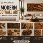 A Pinterest ad from Woodzaa showcases an image, 9 Modern Wood Wall Art You'll Want in Every Room1.webp, featuring a modern living room with a large wavy wood piece. Below it, eight square tiles display various other wood wall art styles like geometric, abstract block, live edge, spiral, faceted, and leaf-carved designs. Text on the ad reads "9 Modern Wood Wall Art — You'll Want In Every Room — from Sleek Minimalist to Warm Organic Designs," with icons for "Natural Materials," "Artisan Crafted," "Perfect For Every Room," and "Elevate Your Space." The website www.woodzaa.com is listed at the bottom.