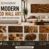 A Pinterest ad from Woodzaa showcases an image, 9 Modern Wood Wall Art You'll Want in Every Room1.webp, featuring a modern living room with a large wavy wood piece. Below it, eight square tiles display various other wood wall art styles like geometric, abstract block, live edge, spiral, faceted, and leaf-carved designs. Text on the ad reads "9 Modern Wood Wall Art — You'll Want In Every Room — from Sleek Minimalist to Warm Organic Designs," with icons for "Natural Materials," "Artisan Crafted," "Perfect For Every Room," and "Elevate Your Space." The website www.woodzaa.com is listed at the bottom.
