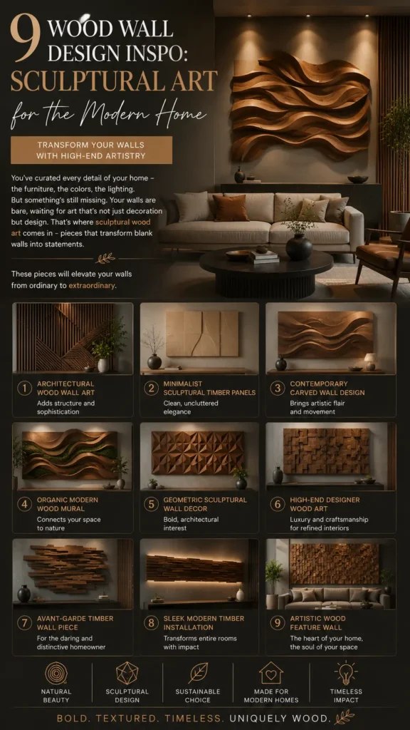 The top image shows a luxury living room featuring a large, wavy 3D carved wood sculpture mounted above a beige couch under warm accent lighting. Below is a 3x3 grid displaying nine distinct wooden wall art concepts, including architectural slats, geometric tiles, organic carved murals, backlit timber installations, and minimalist panels. Icons at the bottom emphasize natural beauty, sculptural design, and sustainability.