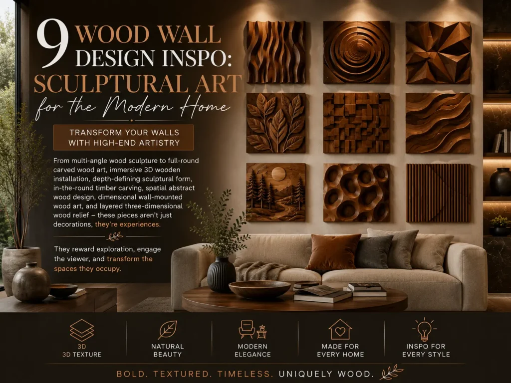 The main image showcases a modern living room with a beige sofa positioned below a 3x3 gallery grid of square, 3D carved wooden wall panels. The artistic designs include wave patterns, spirals, geometric facets, carved leaves, forest landscapes, and vertical slats under soft warm spotlights. Text on the left introduces high-end wood art, while icons across the bottom highlight texture, elegance, and design inspiration.