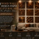 The main image showcases a modern living room with a beige sofa positioned below a 3x3 gallery grid of square, 3D carved wooden wall panels. The artistic designs include wave patterns, spirals, geometric facets, carved leaves, forest landscapes, and vertical slats under soft warm spotlights. Text on the left introduces high-end wood art, while icons across the bottom highlight texture, elegance, and design inspiration.