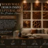 The main image showcases a modern living room with a beige sofa positioned below a 3x3 gallery grid of square, 3D carved wooden wall panels. The artistic designs include wave patterns, spirals, geometric facets, carved leaves, forest landscapes, and vertical slats under soft warm spotlights. Text on the left introduces high-end wood art, while icons across the bottom highlight texture, elegance, and design inspiration.