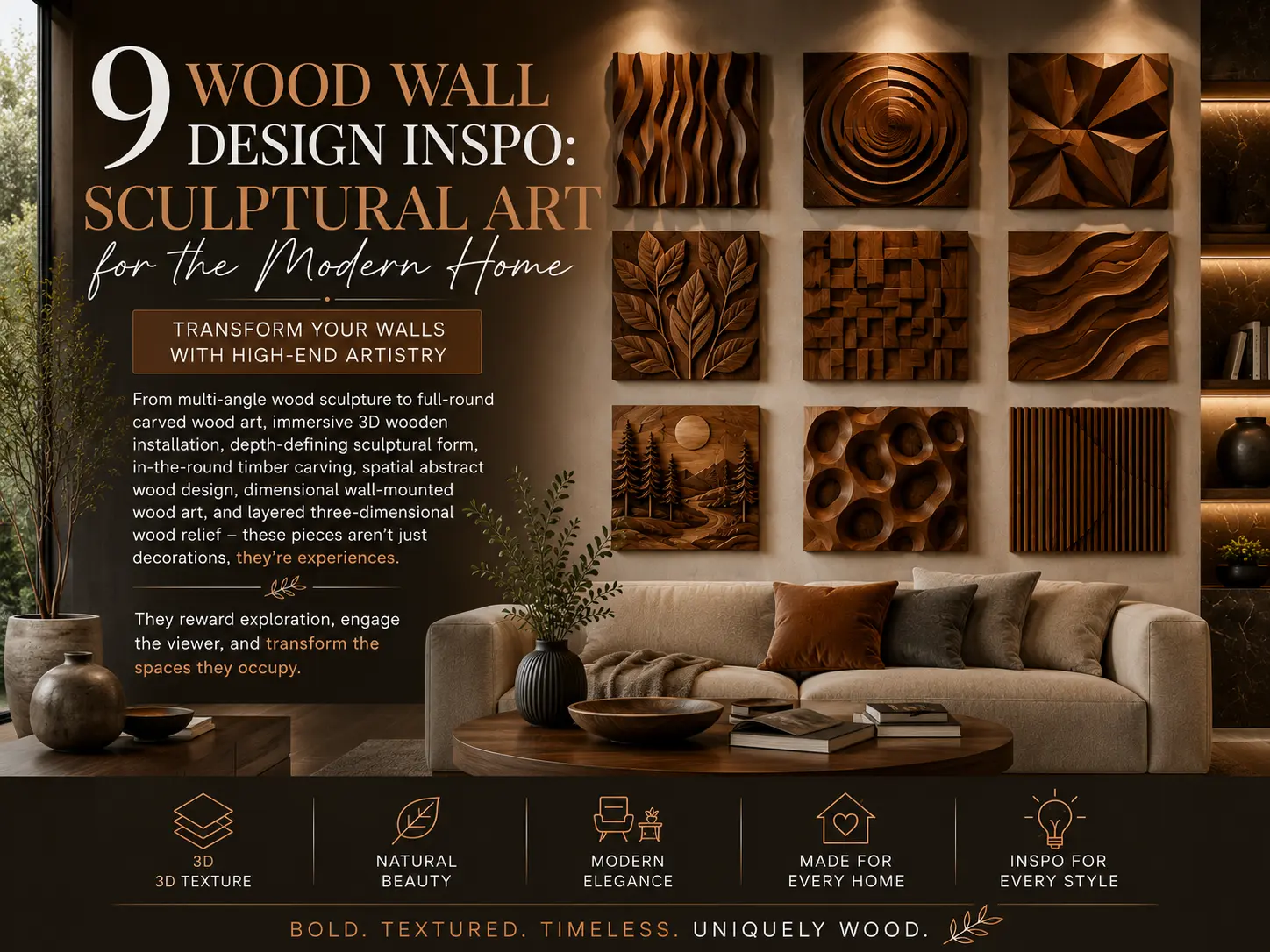 The main image showcases a modern living room with a beige sofa positioned below a 3x3 gallery grid of square, 3D carved wooden wall panels. The artistic designs include wave patterns, spirals, geometric facets, carved leaves, forest landscapes, and vertical slats under soft warm spotlights. Text on the left introduces high-end wood art, while icons across the bottom highlight texture, elegance, and design inspiration.