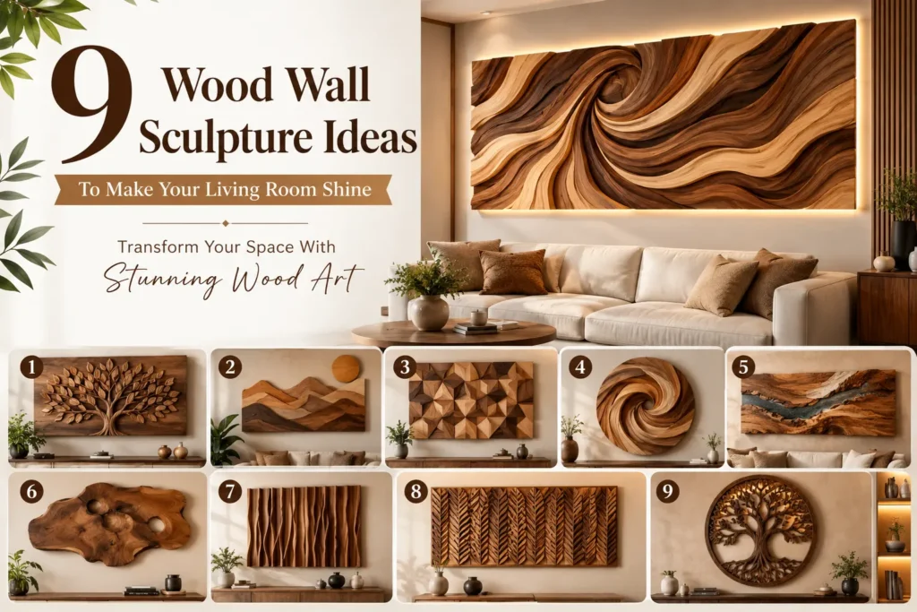 An infographic titled "9 Wood Wall Sculpture Ideas to Make Your Living Room Shine." The main image features a large, backlit, swirling wood art piece hanging above a cream-colored sofa. Below, a grid showcases nine numbered design ideas: 1) a carved tree panel, 2) a mountain landscape, 3) a geometric 3D panel, 4) a circular spiral, 5) a resin river slab, 6) an organic wood slice, 7) wavy vertical slats, 8) a carved leaf pattern, and 9) a backlit circular tree silhouette.