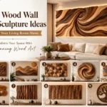 An infographic titled "9 Wood Wall Sculpture Ideas to Make Your Living Room Shine." The main image features a large, backlit, swirling wood art piece hanging above a cream-colored sofa. Below, a grid showcases nine numbered design ideas: 1) a carved tree panel, 2) a mountain landscape, 3) a geometric 3D panel, 4) a circular spiral, 5) a resin river slab, 6) an organic wood slice, 7) wavy vertical slats, 8) a carved leaf pattern, and 9) a backlit circular tree silhouette.