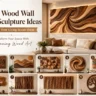 An infographic titled "9 Wood Wall Sculpture Ideas to Make Your Living Room Shine." The main image features a large, backlit, swirling wood art piece hanging above a cream-colored sofa. Below, a grid showcases nine numbered design ideas: 1) a carved tree panel, 2) a mountain landscape, 3) a geometric 3D panel, 4) a circular spiral, 5) a resin river slab, 6) an organic wood slice, 7) wavy vertical slats, 8) a carved leaf pattern, and 9) a backlit circular tree silhouette.