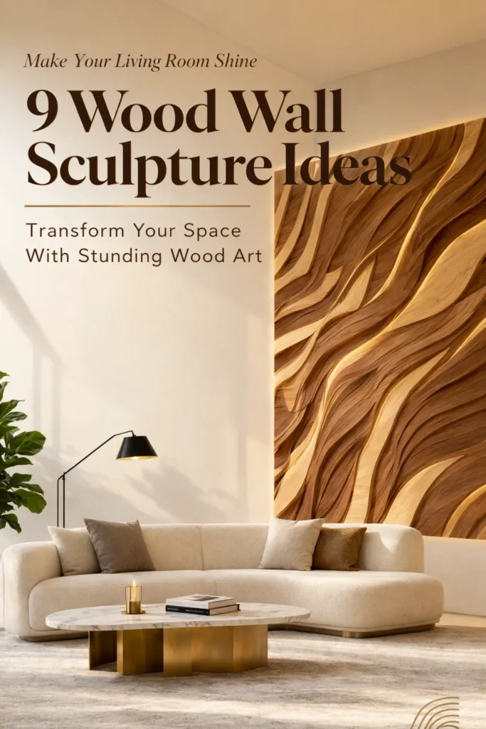 An infographic titled "9 Wood Wall Sculpture Ideas: Make Your Living Room Shine." The image features a modern living room with a curved cream sofa, a marble coffee table, and a black floor lamp. On the right, a dramatic floor-to-ceiling accent wall is covered in layered, wavy wood panels illuminated by warm backlighting. The subtitle reads, "Transform Your Space With Stunning Wood Art."