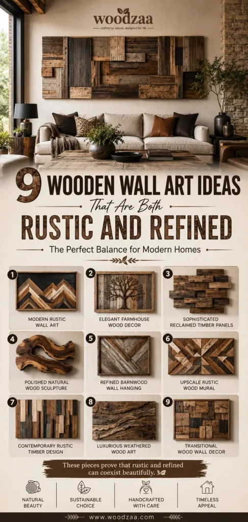 A Pinterest graphic by Woodzaa titled "9 Wooden Wall Art Ideas That Are Both Rustic and Refined." The main top image shows a modern rustic living room with a large reclaimed timber installation above a beige sofa. Below, a grid of nine numbered wood art styles is shown, including geometric chevrons, a carved tree, 3D block panels, live-edge shapes, and weathered mosaics. Icons at the bottom emphasize natural beauty, sustainable choice, handcrafted care, and timeless appeal.