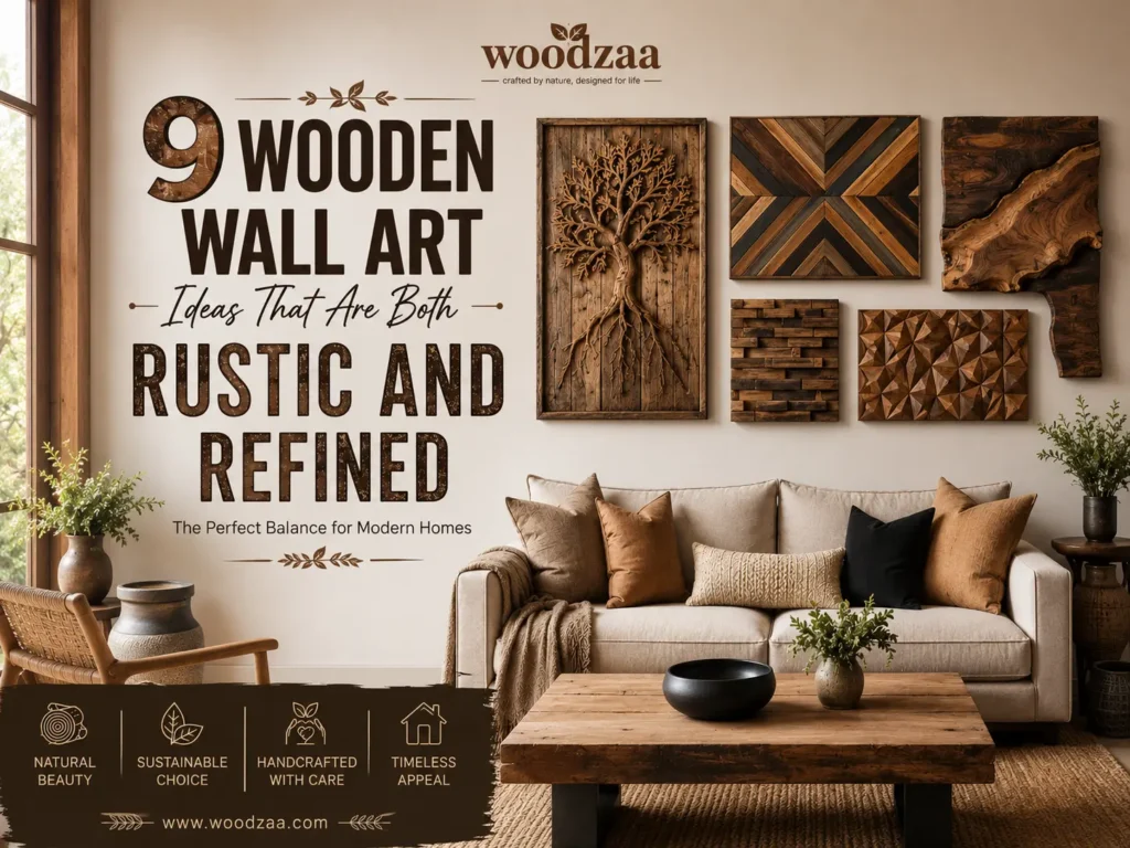 A Pinterest graphic by Woodzaa showing a cozy, modern living room with a cream sofa and wooden coffee table. The wall features text reading "9 Wooden Wall Art Ideas That Are Both Rustic and Refined" next to five unique wood art pieces: a carved tree with intricate roots, a geometric chevron mosaic, a live-edge wave design, and textured 3D accent panels. Icons at the bottom highlight natural beauty and sustainability, creating an organic, elegant home decor aesthetic.