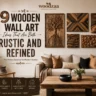 A Pinterest graphic by Woodzaa showing a cozy, modern living room with a cream sofa and wooden coffee table. The wall features text reading "9 Wooden Wall Art Ideas That Are Both Rustic and Refined" next to five unique wood art pieces: a carved tree with intricate roots, a geometric chevron mosaic, a live-edge wave design, and textured 3D accent panels. Icons at the bottom highlight natural beauty and sustainability, creating an organic, elegant home decor aesthetic.