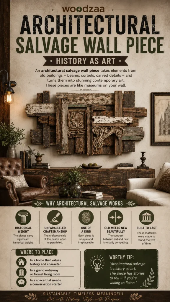 A Pinterest graphic titled "Architectural Salvage Wall Piece: History as Art" by Woodzaa. The center features a highly textured wall sculpture made of layered reclaimed wood planks, incorporating ornate carved elements like a decorative flower square and a classic corbel scroll. The art hangs above a rustic wooden sideboard flanked by a brown leather armchair and a cream sofa. The bottom sections detail "Why Architectural Salvage Works"—listing craftsmanship and historical weight—and placement tips for a living room or entryway.